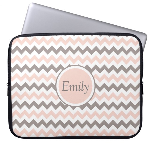 Modern Girly Blush Pink Grey Chevron With Name Laptop Sleeve (Front)