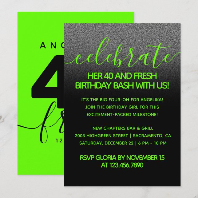 Modern Girly Bright Green 40 and Fresh Invitation (Front/Back)