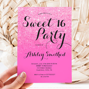 Modern girly bright pink glitter ombre Sweet 16 Invitation