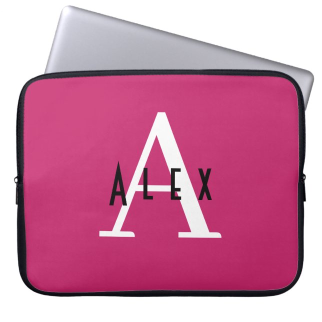 Modern Girly Bright Pink Monogram Initial + Name Laptop Sleeve (Front)