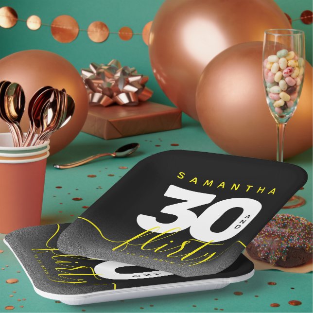 Modern Girly Bright Yellow 30 and Flirty Paper Plate (Multi)
