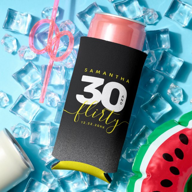 Modern Girly Bright Yellow 30 and Flirty Seltzer Can Cooler (In Situ Summer)