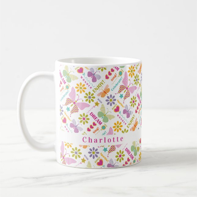 Modern Girly Butterfly Typography Pattern Coffee Mug (Left)