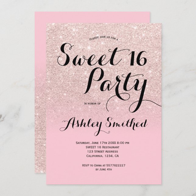 Modern girly candy pink glitter ombre Sweet 16 Invitation (Front/Back)