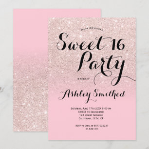 Modern girly candy pink glitter ombre Sweet 16 Invitation