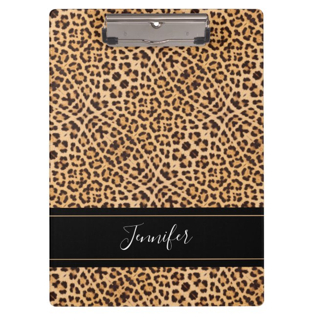 Modern Girly Chic Leopard Print Personalized Clipboard (Front)