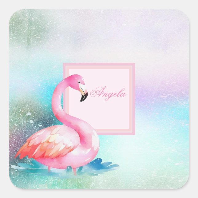 Modern Girly Colourful,Adorable Flamingos Square Sticker (Front)
