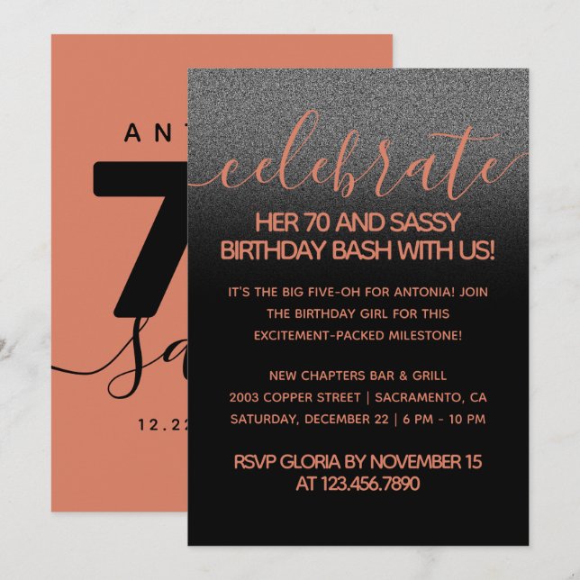 Modern Girly Copper 70 and Sassy Invitation (Front/Back)
