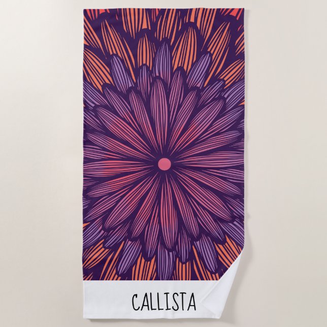 Modern Girly Coral Purple Flower Illustration Beach Towel (Front)