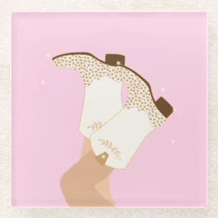 Modern Girly Cowgirl Boots Legs Stars Yeehaw Pink  Glass Coaster