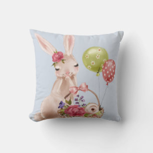 Modern Girly Easter Bunny Floral Balloon Basket Throw Pillow