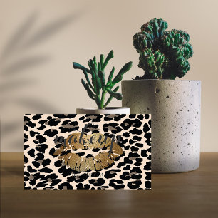 Modern Girly Elegant Leopard Print  Glittery Lips Business Card