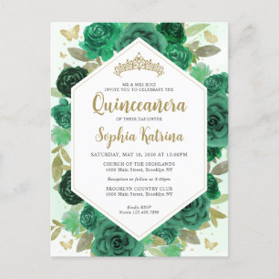 Modern Girly Emerald Green Floral Gold Quinceañera Postcard