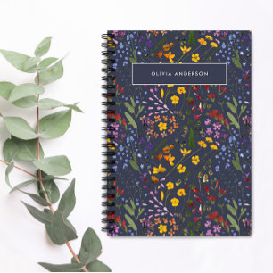 Modern girly floral colorful initial navy blue notebook