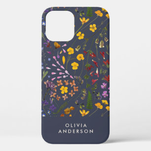 Modern girly floral colourful initial navy blue Ca iPhone 12 Case