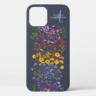 Modern girly floral colourful initial navy blue Ca iPhone 12 Case