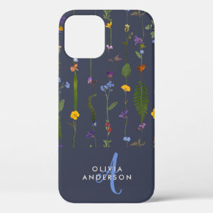 Modern girly floral colourful initial navy blue Ca iPhone 12 Case