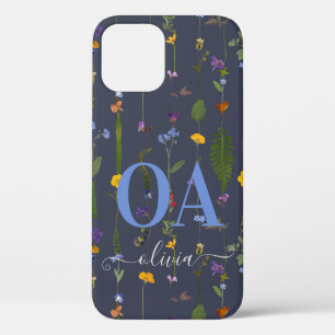 Modern girly floral colourful initial navy blue iPhone 12 case