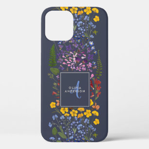 Modern girly floral colourful initial navy blue iPhone 12 case