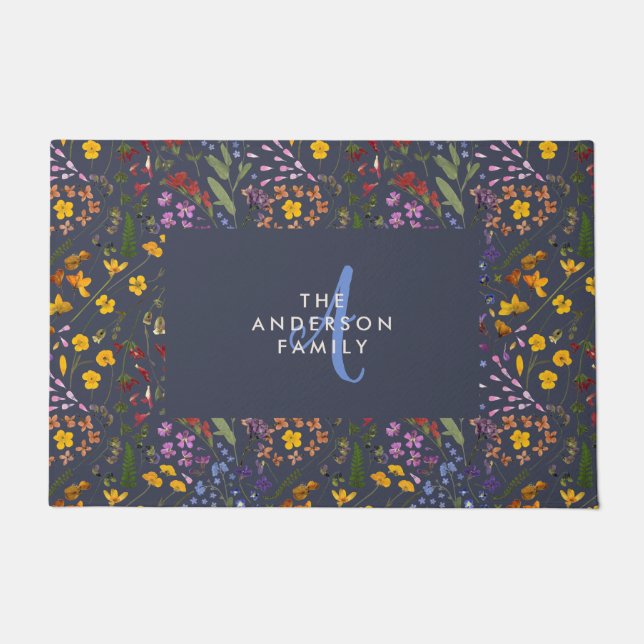Modern girly floral colourful initial navy blue do doormat (Front)