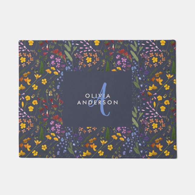 Modern girly floral colourful initial navy blue doormat (Front)