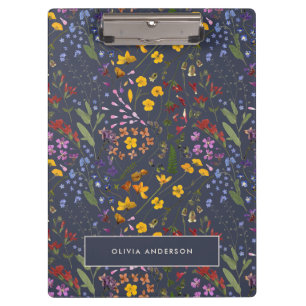 Modern girly floral colourful initial navy blue no clipboard