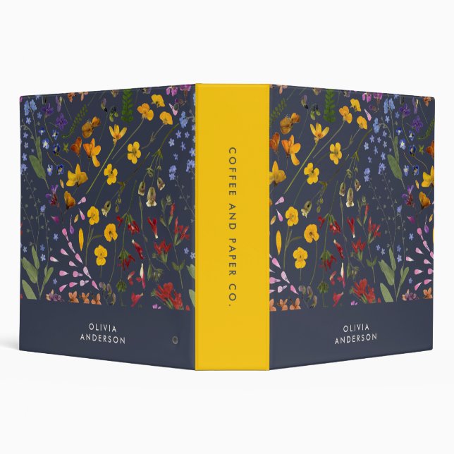 Modern girly floral colourful name navy blue 3 rin binder (Background)