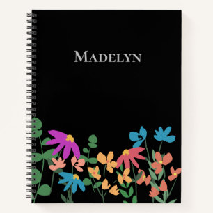 Modern Girly Floral Colourful pattern black custom Notebook