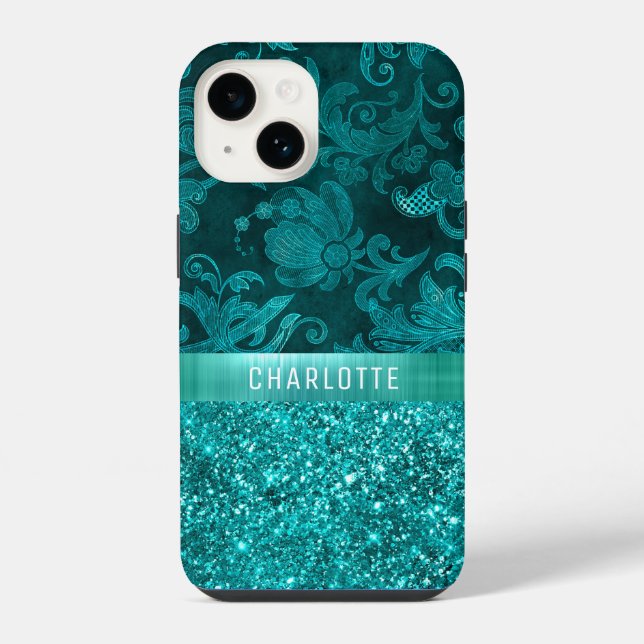 Modern Girly Floral Glitter Pattern Personalized iPhone Case (Back)