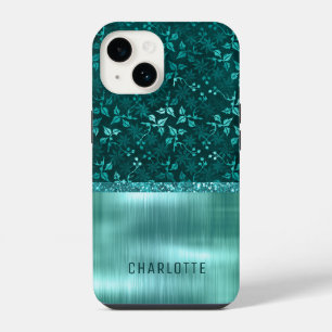 Modern Girly Floral Glitter Shimmer Personalized iPhone 14 Case