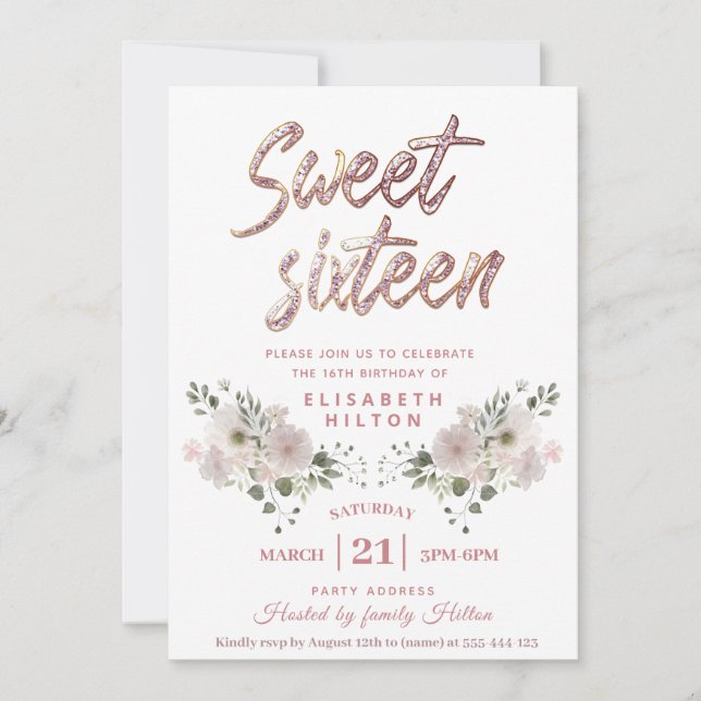 Modern girly floral Glitter typography sweet 16 Invitation (Front)