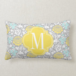 Modern Girly Floral Yellow Grey Personalized Lumbar Pillow