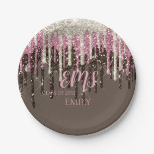 Modern Girly Glam Monogram Typography Glitter Grad Paper Plate