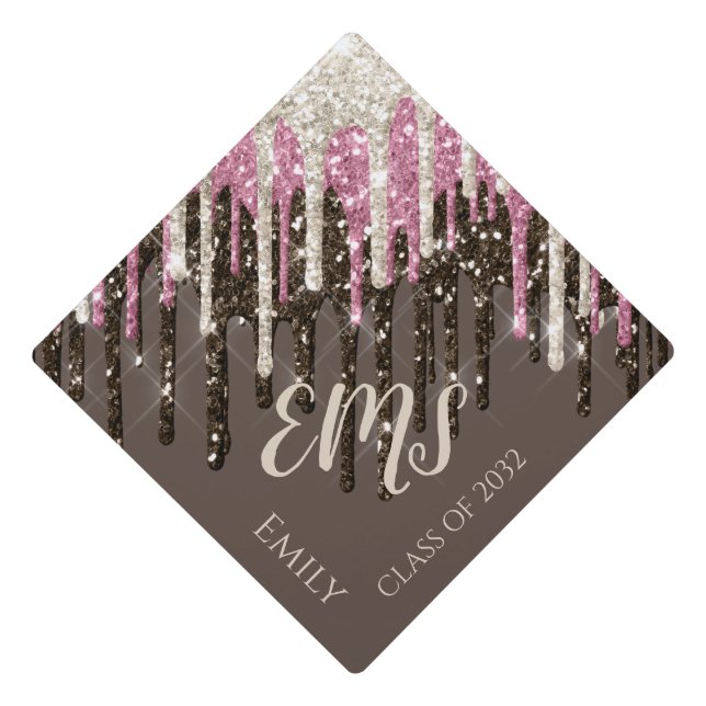 Modern Girly Glam Monogram Typography Glitter  Graduation Cap Topper (Front)