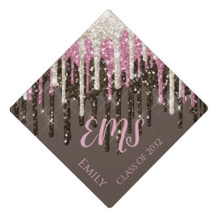 Modern Girly Glam Monogram Typography Pink Sparkle Graduation Cap Topper