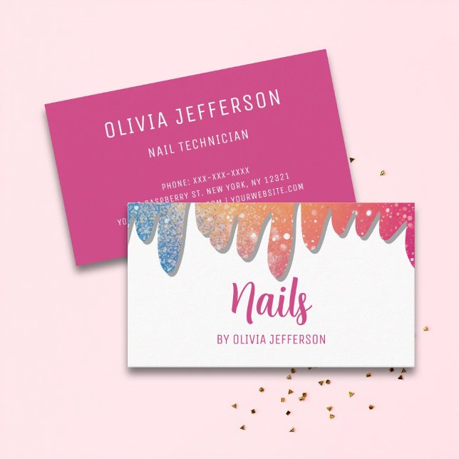Modern Girly Glitter Drips Nail Salon Artist Business Card (Creator Uploaded)