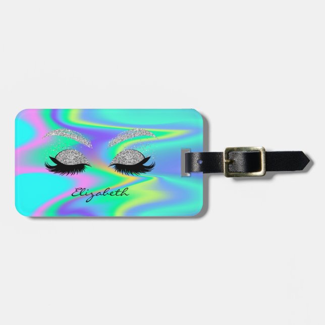 Modern Girly,Glitter Faux Lashes,Holographic Luggage Tag (Front Horizontal)