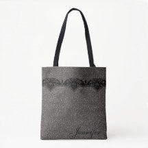 Modern Girly Gray Glitter Black Lace Personalized