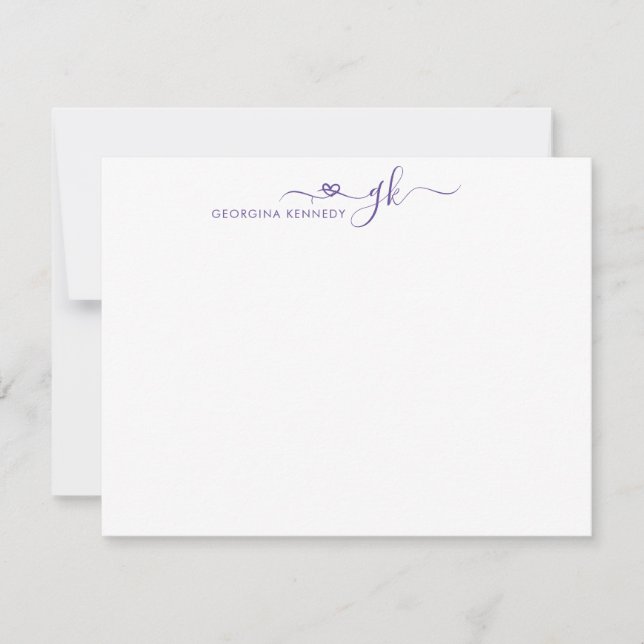 Modern Girly Heart Script 2 Monogram Purple Violet Card (Front)