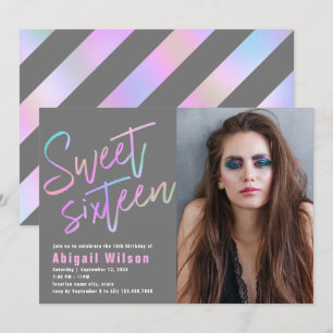 Modern girly holographic sweet sixteen birthday invitation