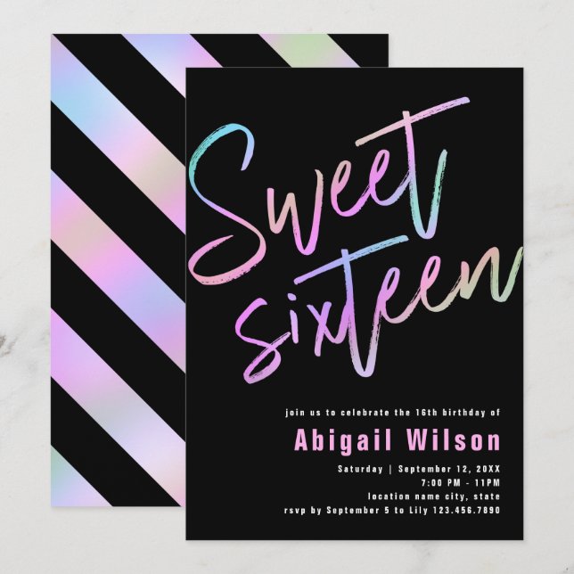 Modern girly holographic sweet sixteen birthday invitation (Front/Back)