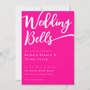 Modern Girly Hot Pink Bells Calligraphy Wedding Invitation