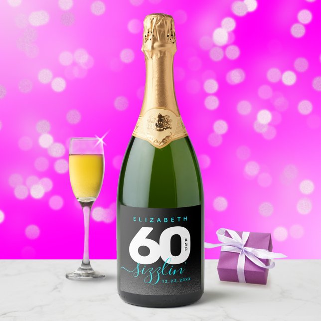 Modern Girly Ice Blue 60 and Sizzling Sparkling Wine Label (Creator Uploaded)