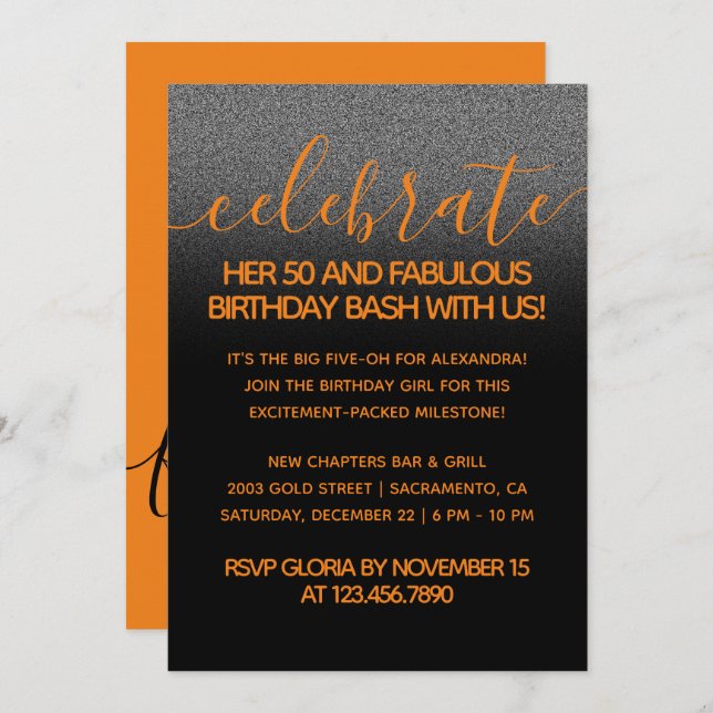 Modern Girly Orange 50 and Fabulous Invitation (Front/Back)
