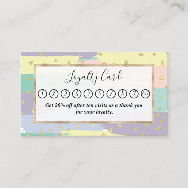 Modern Girly Pastel Brushstrokes Gold Geo Loyalty Card (Front)