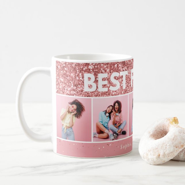 Modern girly photo script pink glitter bestfriends coffee mug (With Donut)