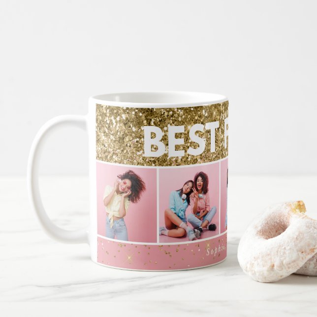 Modern girly photo script pink glitter bestfriends coffee mug (With Donut)