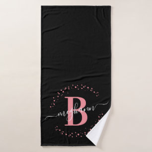 Modern Girly Pink Black Name Script Monogrammed Bath Towel