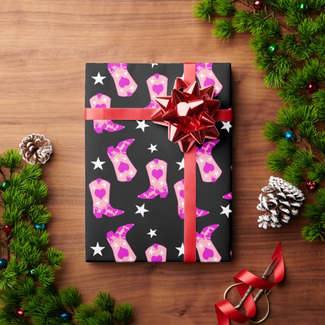 Modern Girly Pink Cowgirl Western Boots Black Wrapping Paper (Holiday Gift)