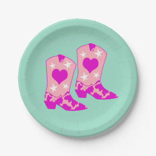Modern Girly Pink Cowgirl Western Boots Mint  Paper Plate